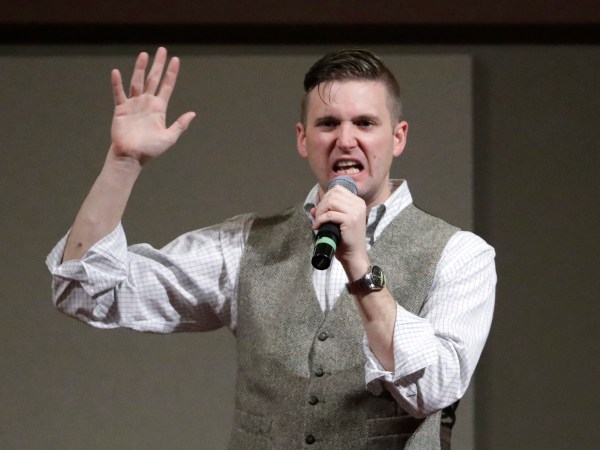 Richard Spencer, who leads a movement that mixes racism, white nationalism and populism, speaks at the Texas A&M University campus Tuesday, Dec. 6, 2016, in College Station, Texas. Texas A&M officials say they didn't schedule the speech by Spencer, who was invited to speak by a former student who reserved campus space available to the public. (AP Photo/David J. Phillip)