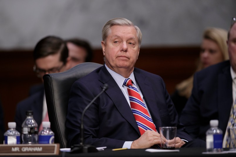 Sen. Lindsey Graham, R-S.C., listens during deliberation by members of the Senate Judiciary Committee on the nomination of President Donald Trump's Supreme Court nominee Neil Gorsuch to fill the vacancy left by the late Antonin Scalia, on Capitol Hill in Washington, Monday, April 3, 2017.  A weeklong partisan showdown is expected as Democrats are steadily amassing the votes to block Judge Gorsuch and force Republicans to unilaterally change long-standing rules to confirm him.   (AP Photo/J. Scott Applewhite)