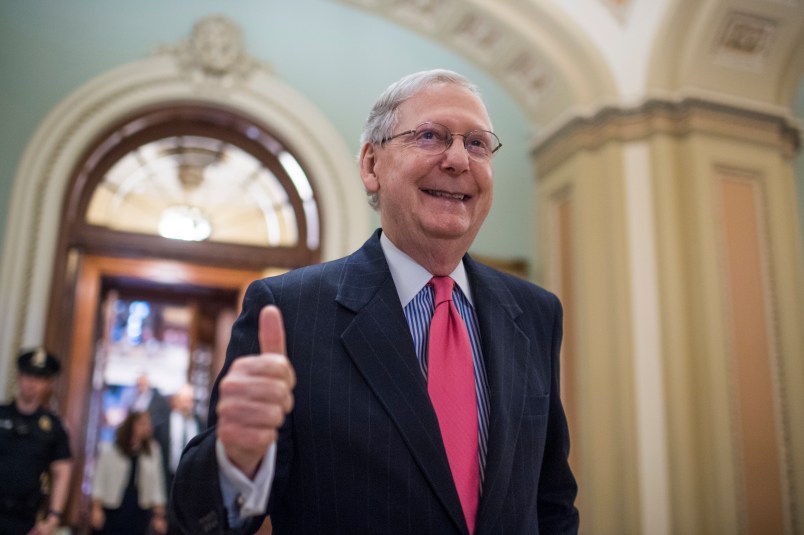 UNITED STATES - APRIL 6: Senate Majority Leader Mitch McConnell, R-Ky., gives a thumbs up after the Senate invoked the "nuclear option" which will allow for a majority vote to confirm a Supreme Court justice nominee, April 6, 2017. The vote for nominee Neil Gorsuch is scheduled for Friday. (Photo By Tom Williams/CQ Roll Call)