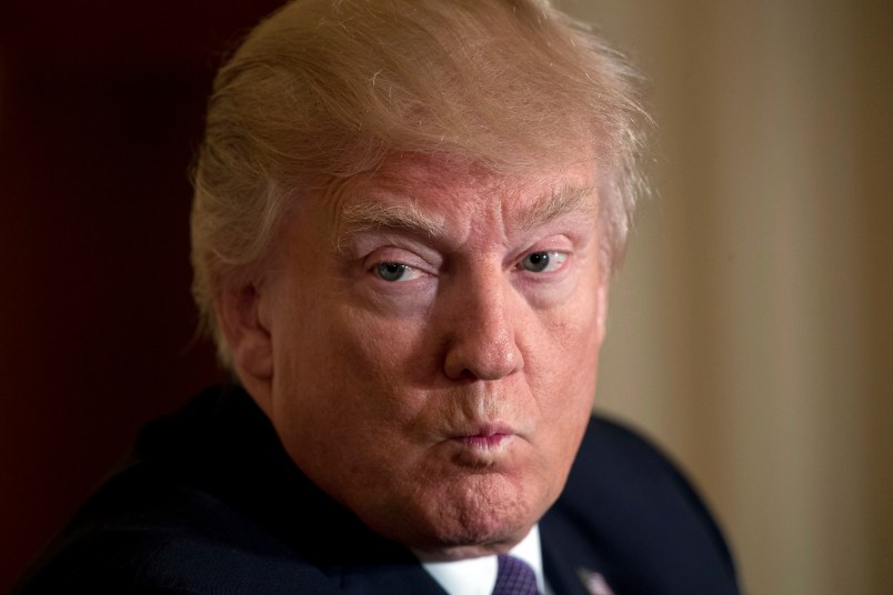 President Donald Trump pauses during a news conference with NATO Secretary General Jens Stoltenberg in the East Room at the White House in Washington, Wednesday, April 12, 2017, in Washington. (AP Photo/Andrew Harnik)