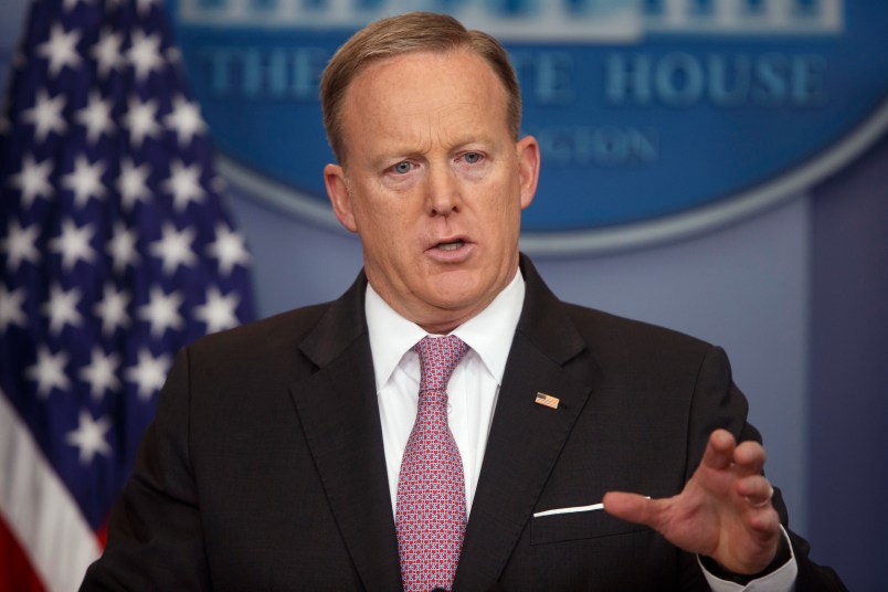 White House press secretary Sean Spicer speaks during the daily press briefing at the White House, Thursday, April 13, 2017, in Washington. (AP Photo/Evan Vucci)