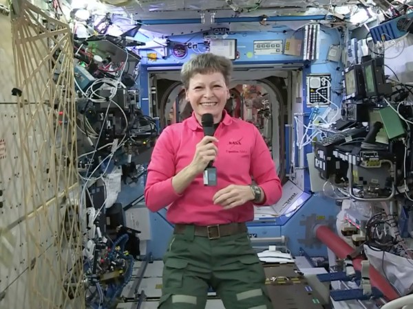 In this Thursday, April 13, 2017 image made from video provided by NASA, astronaut Peggy Whitson speaks during an interview aboard the International Space Station. (NASA via AP)
