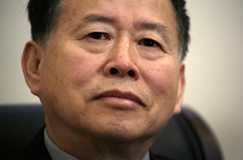 Han Song Ryol, North Korea's vice minister of foreign affairs speaks during an interview with The Associated Press on Friday, April 14, 2017, in Pyongyang, North Korea. (AP Photo/Wong Maye-E)