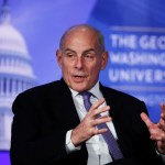 Department of Homeland Security Secretary John Kelly participates in a moderated discussion with Director of the Center for Cyber and Homeland Security Frank Cilluffo at George Washington University in Washington, Tuesday, April 18, 2017.  (AP Photo/Manuel Balce Ceneta)