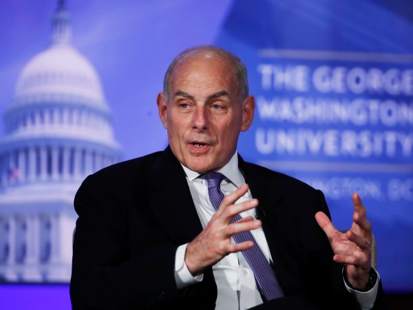 Department of Homeland Security Secretary John Kelly participates in a moderated discussion with Director of the Center for Cyber and Homeland Security Frank Cilluffo at George Washington University in Washington, Tuesday, April 18, 2017.  (AP Photo/Manuel Balce Ceneta)