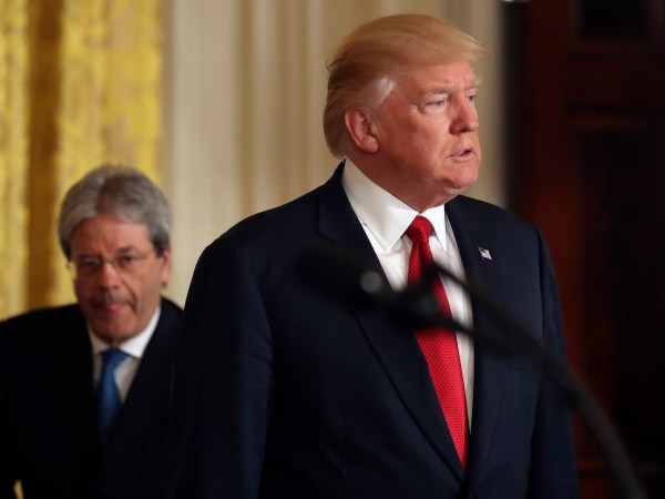 President Donald Trump and Italian Prime Minister Paolo Gentiloni hold a joint news conference in the East Room of the White House in Washington, Thursday, April 20, 2017. (AP Photo/Andrew Harnik)
