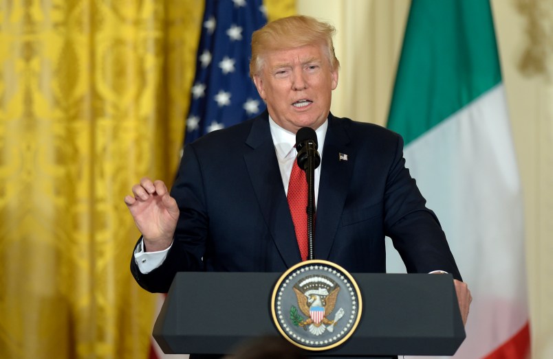 President Donald Trump speaks during a news conference with Italian Prime Minister Paolo Gentiloni  in the East Room of the White House in Washington, Thursday, April 20, 2017. (AP Photo/Susan Walsh)