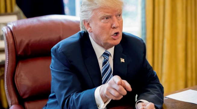 President Donald Trump speaks to Associated Press Chief White House Correspondent Julie Pace in the Oval Office in Washington, Wednesday, April 19, 2017. (AP Photo/Andrew Harnik)