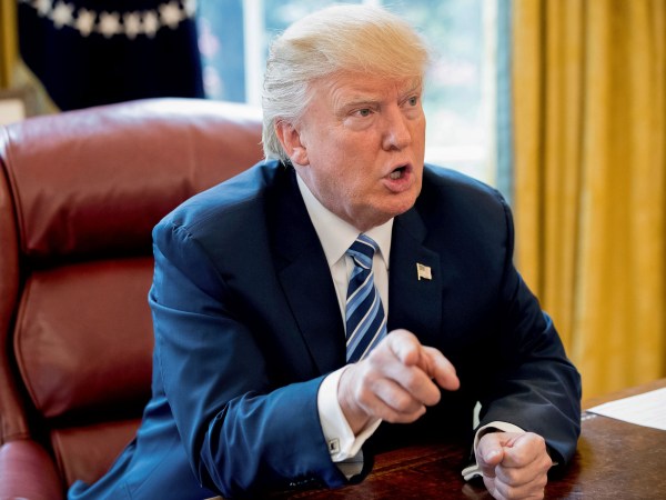 President Donald Trump speaks to Associated Press Chief White House Correspondent Julie Pace in the Oval Office in Washington, Wednesday, April 19, 2017. (AP Photo/Andrew Harnik)