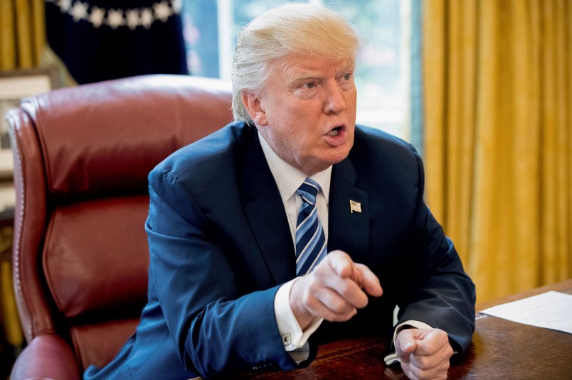 President Donald Trump speaks to Associated Press Chief White House Correspondent Julie Pace in the Oval Office in Washington, Wednesday, April 19, 2017. (AP Photo/Andrew Harnik)