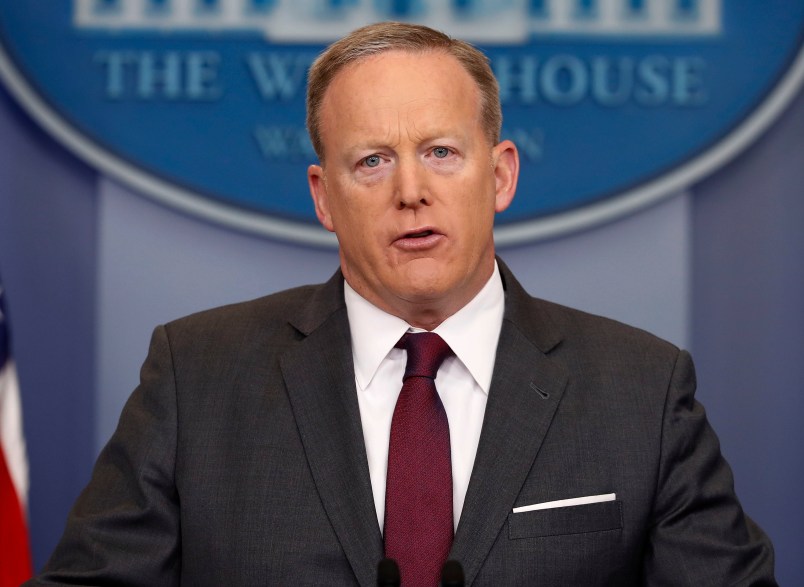 White House Press secretary Sean Spicer speaks to the media during the daily briefing in the Brady Press Briefing Room of the White House, Monday, April 24, 2017. (AP Photo/Pablo Martinez Monsivais)