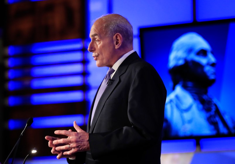 Department of Homeland Security Secretary John Kelly speaks during a forum “Home & Away: Threats to America and the Department of Homeland Security response” at George Washington University in Washington, Tuesday, April 18, 2017.  (AP Photo/Manuel Balce Ceneta)
