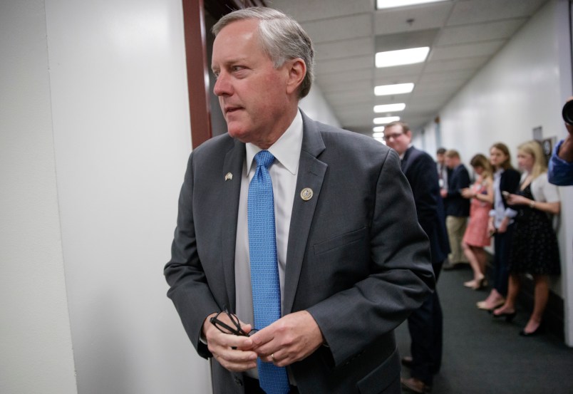 House Freedom Caucus Chairman Rep. Mark Meadows, R-N.C., whose conservative GOP members derailed the Republican health care bill, leaves a closed-door strategy session with Speaker of the House Paul Ryan, R-Wis., and the leadership as they try to rebuild unity within the Republican Conference, at the Capitol,  in Washington, Tuesday, March 28, 2017.  (AP Photo/J. Scott Applewhite)