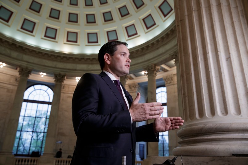Sen. Marco Rubio, R-Fla., a member of the Senate Foreign Relations Committee, comments on the poisonous gas attacks in Syria during a television interview on Capitol Hill in Washington, Thursday, April 6, 2017. (AP Photo/J. Scott Applewhite)