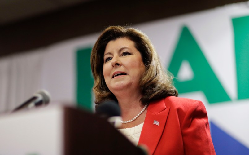 Republican candidate for Georgia's Sixth Congressional seat Karen Handel speaks at an election night watch party in Roswell, Ga., Tuesday, April 18, 2017. Republicans are bidding to prevent a major upset in a conservative Georgia congressional district Tuesday where Democrats stoked by opposition to President Donald Trump have rallied behind a candidate who has raised a shocking amount of money for a special election. (AP Photo/David Goldman)