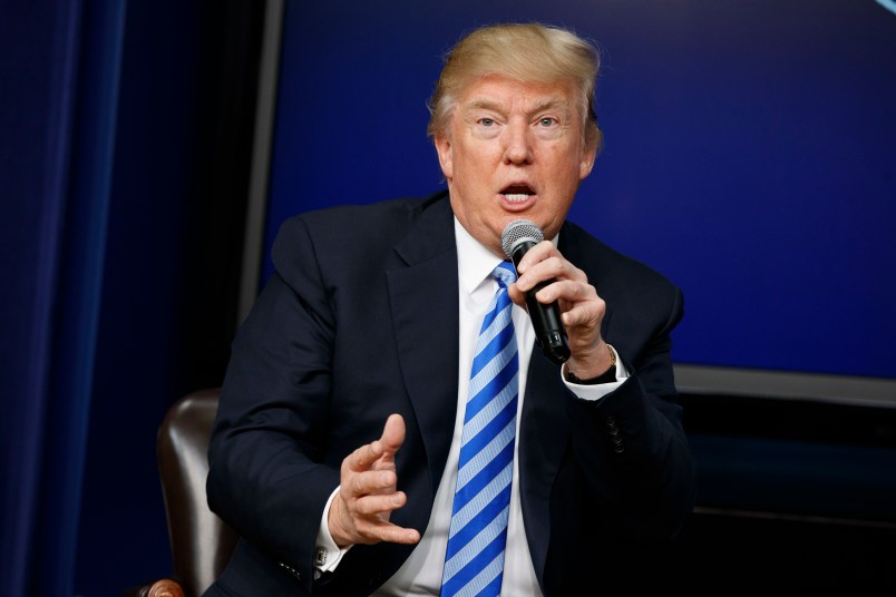President Donald Trump speaks during a town hall with business leaders in the South Court Auditorium on the White House complex, Tuesday, April 4, 2017, in Washington. (AP Photo/Evan Vucci)
