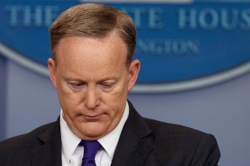 White House press secretary Sean Spicer listens to a question during the daily press briefing, Thursday, March 30, 2017, in Washington. (AP Photo/Evan Vucci)