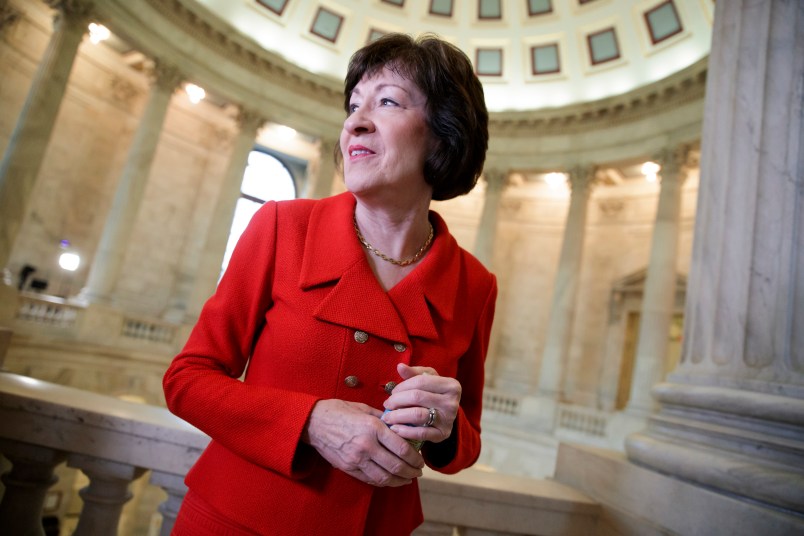 Sen. Susan Collins, R-Maine, a member of the Senate Appropriations Committee and the Senate Intelligence Committee, finishes a television news interview on Capitol Hill in Washington, Tuesday, March 28, 2017. (AP Photo/J. Scott Applewhite)