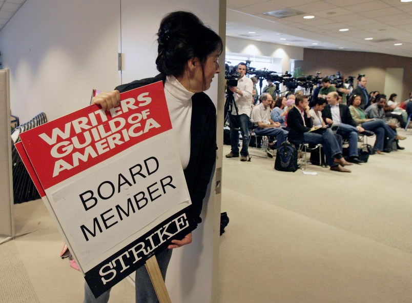 Writers Guild of America board member Nancy De Los Santos, who's also a film and television writer, waits for a news conference to start Sunday, Feb. 10, 2008, in Los Angeles. Union leaders representing striking movie and television writers today recommended approval of an agreement with producers to end a three-month-long walkout. (AP Photos/Ric Francis)