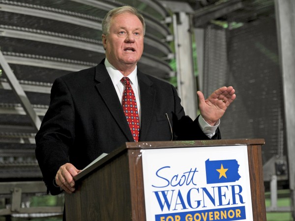 Pennsylvania state Sen. Scott Wagner, of York, R-28th Dist., visited the Maple Donuts factory in Lake City, Pa., on Jan. 12, 2016 a day after announcing his candidacy for Pennsylvania governor in the 2018 election.  (AP Photo/Erie Times-News, Christopher Millette)