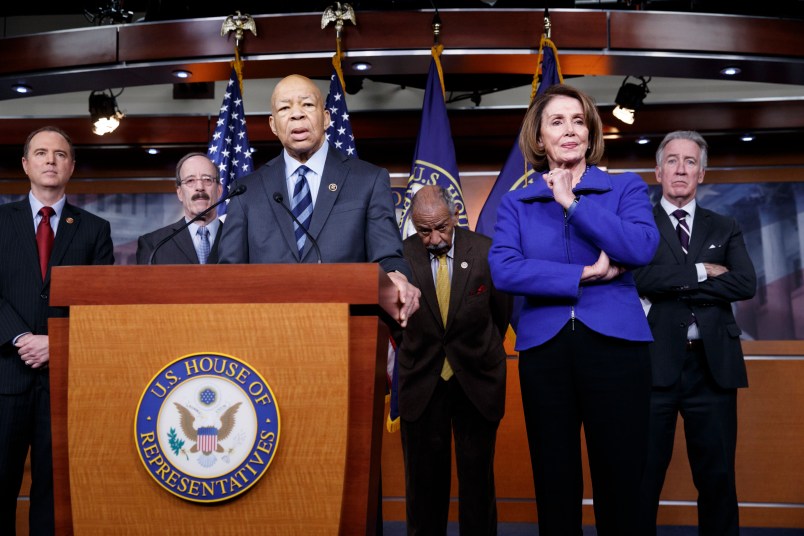 Top House Democrats, from left, Rep. Adam Schiff, D-Calif., ranking member of the House Permanent Select Committee on Intelligence, Rep. Eliot L. Engel, D-N.Y., ranking member of the House Foreign Affairs Committee, Rep. Elijah Cummings, D-Md., ranking member of the House Oversight and Government Reform Committee, Rep. John Conyers, D-Mich., ranking member of the House Judiciary Committee, House Democratic Leader Nancy Pelosi of Calif., and Rep. Richard Neal, D-Mass., ranking member of the House Ways and Means Committee, say they want an investigation into President Donald Trump's relationship with Russia, including when Trump learned that his national security adviser, Michael Flynn, had discussed U.S. sanctions with a Russian diplomat, during a news conference on Capitol Hill in Washington, Tuesday, Feb. 14, 2017.    (AP Photo/J. Scott Applewhite)