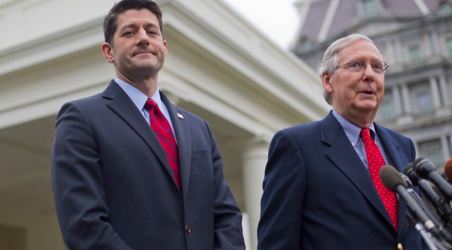 House Speaker Paul Ryan of Wis. listens at left as Senate Majority Leader Mitch McConnell of Ky. speaks to reporters outside the White House in Washington, Monday, Feb. 27, 2017, following their meeting with President Donald Trump inside. (AP Photo/Pablo Martinez Monsivais)