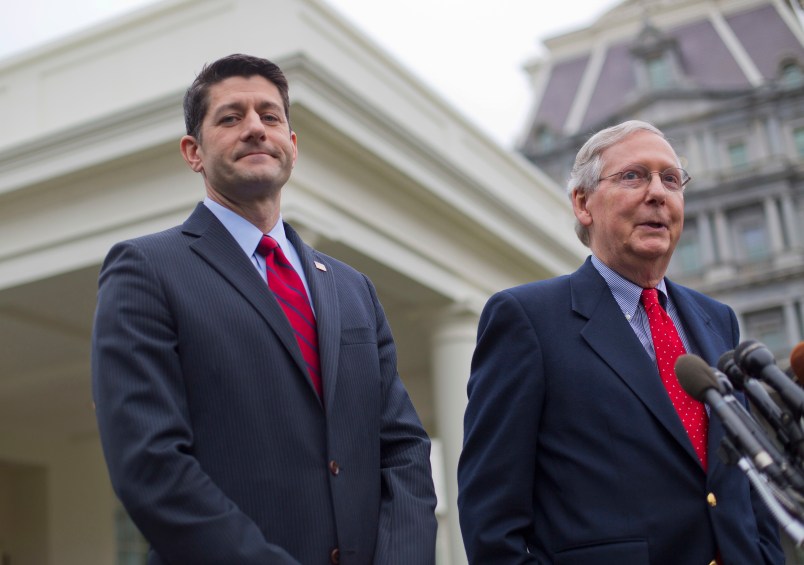 House Speaker Paul Ryan of Wis. listens at left as Senate Majority Leader Mitch McConnell of Ky. speaks to reporters outside the White House in Washington, Monday, Feb. 27, 2017, following their meeting with President Donald Trump inside. (AP Photo/Pablo Martinez Monsivais)