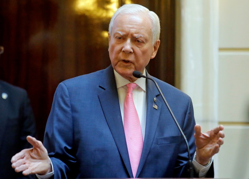 FILE - This Feb. 22, 2017, file photo, Utah Sen. Orrin Hatch speaks to the Utah Senate at the Utah State Capitol, in Salt Lake City. Hatch is introducing a proposal that aims to remedy religious visa delays that the Mormon church says are disrupting the religion's missionary program. Hatch said in a news release Thursday, March 30, 2017,  that some people are waiting nine to 11 months to get the religious visas.  (AP Photo/Rick Bowmer, File)