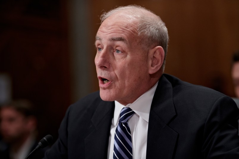 Homeland Security Secretary John Kelly appears before the Senate Homeland Security and Governmental Affairs Committee to advance President Donald Trump’s border security agenda, on Capitol Hill in Washington, Wednesday, April 5, 2017.  Kelly says a wall in the right places, will do that job, however, that wall won't be from "sea to shining sea," but in places where border agents say it would be most effective. (AP Photo/J. Scott Applewhite)