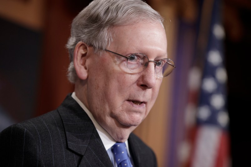 Senate Majority Leader Mitch McConnell, R-Ky., talks to reporters before the vote to confirm President Donald Trump’s Supreme Court nominee Neil Gorsuch, on Capitol Hill in Washington, Friday, April 7, 2017. The Republican majority changed Senate rules to lower the vote threshold for Supreme Court nominees from 60 votes to a simple majority to counter Democratic resistance. McConnell also supported Trump's airstrike on Syria. (AP Photo/J. Scott Applewhite)