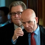President Donald Trump's White House Senior Adviser Steve Bannon, left, and National Security Adviser H.R. McMaster, right, arrive for a news conference with President Donald Trump and NATO Secretary General Jens Stoltenberg in the East Room at the White House, Wednesday, April 12, 2017, in Washington. (AP Photo/Andrew Harnik)