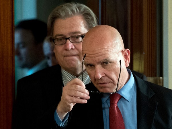 President Donald Trump's White House Senior Adviser Steve Bannon, left, and National Security Adviser H.R. McMaster, right, arrive for a news conference with President Donald Trump and NATO Secretary General Jens Stoltenberg in the East Room at the White House, Wednesday, April 12, 2017, in Washington. (AP Photo/Andrew Harnik)