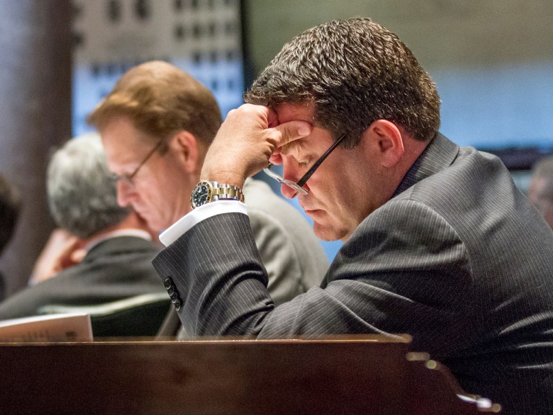 FILE - In this April 17, 2013, file photo, state Sen. Mark Green, R-Clarksville, sits at his desk in the Senate chamber in Nashville, Tenn. Green’s nomination to become President Donald Trump’s secretary of the Army has put the lawmaker’s gubernatorial campaign in Tennessee on hold. (AP Photo/Erik Schelzig, file)