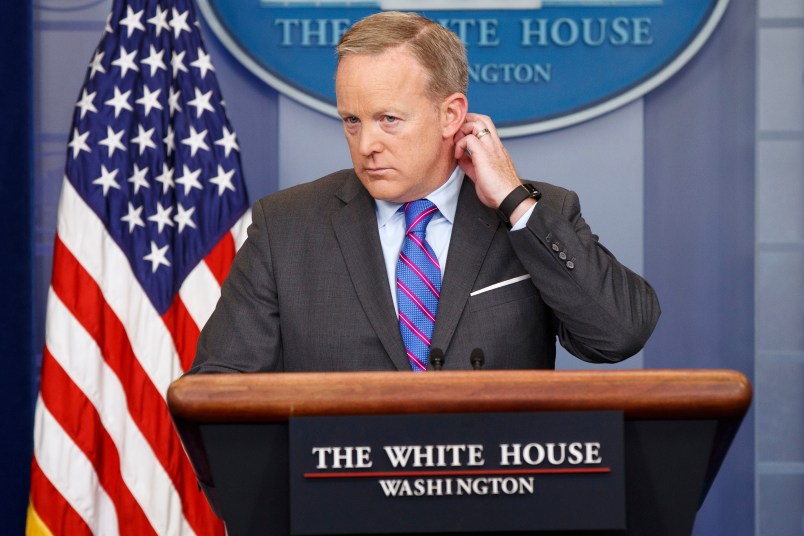 White House press secretary Sean Spicer listens to a question during the daily press briefing, Monday, May 8, 2017, in Washington. (AP Photo/Evan Vucci)