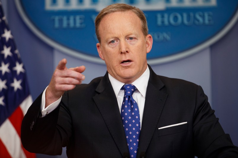 White House press secretary Sean Spicer speaks during the daily press briefing, Tuesday, May 9, 2017, in Washington. (AP Photo/Evan Vucci)