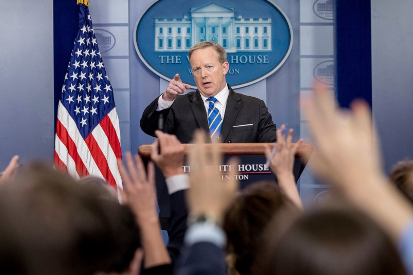 White House press secretary Sean Spicer calls on a member of the media during the daily press briefing at the White House, Monday, May 15, 2017, in Washington. (AP Photo/Andrew Harnik)