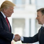 President Donald Trump greets Colombian President Juan Manuel Santos as he arrives at the the White House, Thursday, May, 18th, 2017, in Washington. (AP Photo/Andrew Harnik)