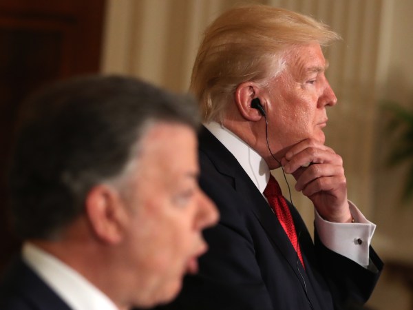 President Donald Trump accompanied by Colombian President Juan Manuel Santos, speaks during a joint news conference in the East Room of the White House, Thursday, May, 18th, 2017, in Washington. (AP Photo/Andrew Harnik)