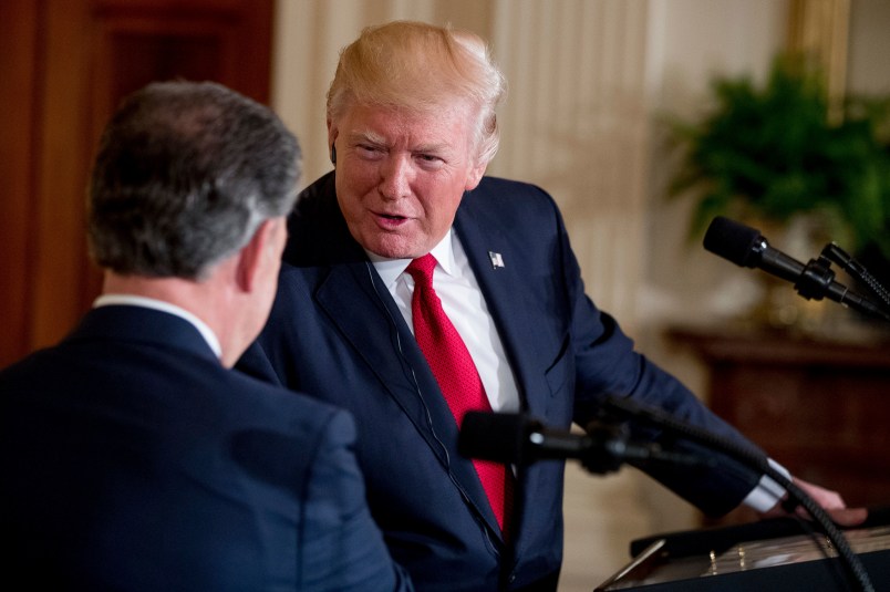 President Donald Trump shakes hands with Colombian President Juan Manuel Santos during a joint news conference in the East Room of the White House, Thursday, May, 18th, 2017, in Washington. (AP Photo/Andrew Harnik)