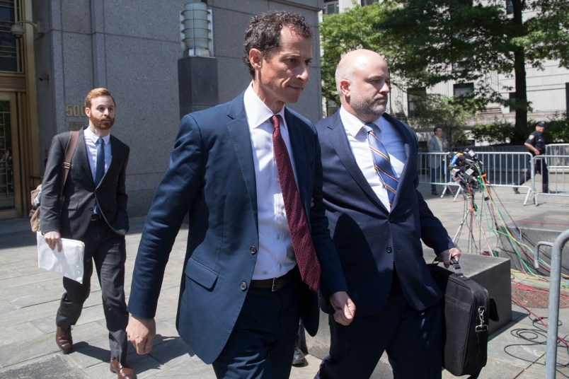 Former U.S. Rep. Anthony Weiner leaves Federal court, Friday, May 19, 2017, in New York. Weiner pleaded guilty to transmitting sexual material to a minor. (AP Photo/Mary Altaffer)