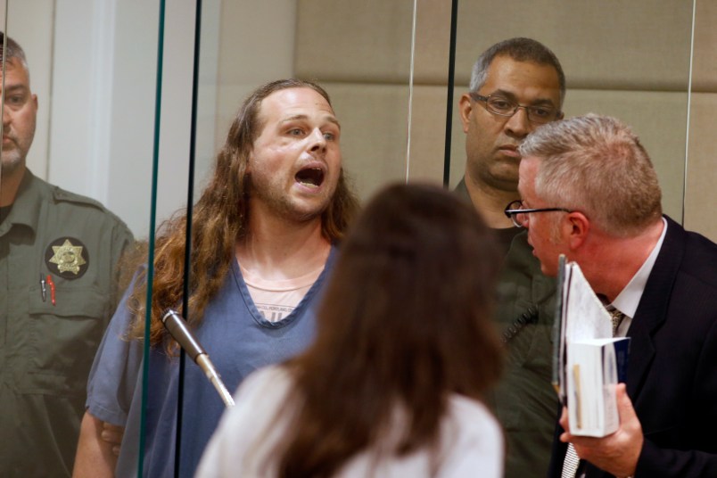 Max stabbing suspect Jeremy Christian is arraigned in Multnomah County Circuit Court in Portland on Tuesday, May 30. Christian shouted, "Free speech or die. Get out if you don't like free speech ... you call it terrorism, I call it patriotism ... die." Christian is accused of killing two men on a commuter MAX train on Friday after the men tried to prevent Christian from harassing two girls. (POOL photos by Beth Nakamura/The Oregonian/OregonLive)