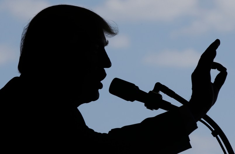 President Donald Trump addresses U.S. military troops and their families at the Sigonella Naval Air Station, in Sigonella, Italy, Saturday, May 27, 2017. (AP Photo/Luca Bruno)