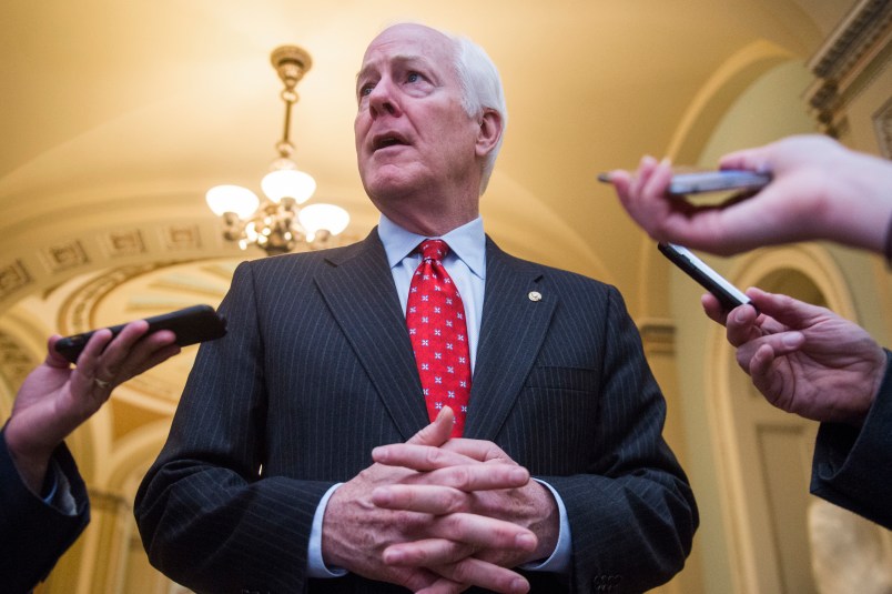 UNITED STATES - MAY 10: Senate Majority Whip John Cornyn, R-Texas, talks with reporters in the Capitol on May 10, 2017. (Photo By Tom Williams/CQ Roll Call)