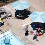 ***MANDATORY CREDIT: K.C. Alfred / San Diego Union-Tribune*** MANDATORY CREDIT***, NO SALES, NO FOREIGN, NO MAGS, NO TELEVISION, NO INTERNET***LOS ANGELES DAILY NEWS OUT, ORANGE COUNTY REGISTER OUT, INLAND VALLEY DAILY BULLETIN OUT, LA OPINION OUT.SAN DIEGO, CA - MAY 1, 2017 - Remnants of a birthday party in the pool area at the La Jolla Crossroads apartments shows the chaotic scene after a shooting took place on Sunday. Peter Selis, 49, open fired on the party at the crowded pool. Seven people were wounded. (Photo by K.C. Alfred/The San Diego Union-Tribune)