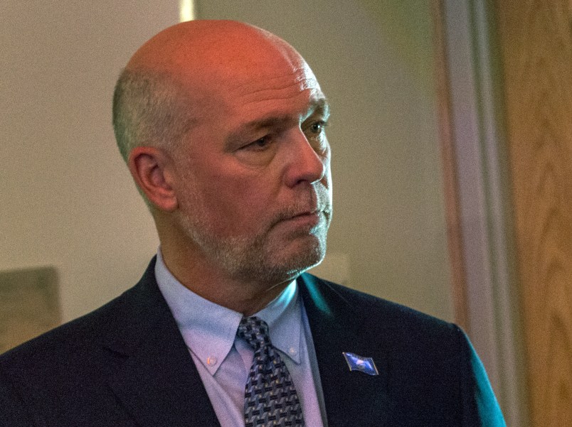 FILE - In this June 26, 2016 file photo, then-candidate for governor Republican Greg Gianforte speaks to a member of the audience after debating Montana Gov. Steve Bullock, in Big Sky, Mont. Gianforte, who is a Technology entrepreneur, says he has commitments from enough delegates to secure the Republican nomination for Montana's special election for the U.S. House. (AP Photo/Bobby Caina Calvan, file)
