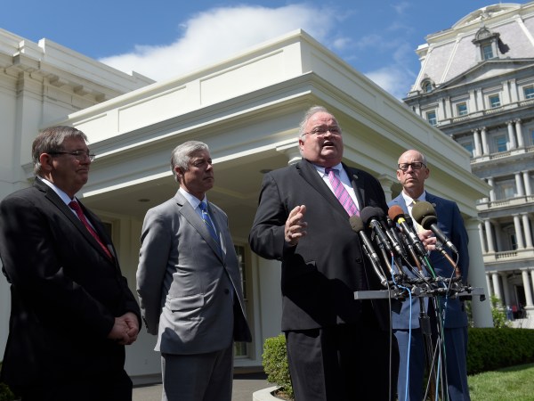 Reps. Billy Long, R-Mo., second from right, speaks to reporters at the White House in Washington, Wednesday, May 3, 2017, following a meeting with President Donald Trump on health care reform. He is joined by, from left, Rep. Michael Burgess, R-Texas, and Rep. Fred Upton, R-Mich., and Rep. Greg Walden, R-Ore. (AP Photo/Susan Walsh)