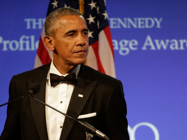 Former President Barack Obama addresses an audience after being presented with the 2017 Profile in Courage award during ceremonies at the John F. Kennedy Presidential Library and Museum Sunday, May 7, 2017, in Boston. (AP Photo/Steven Senne)