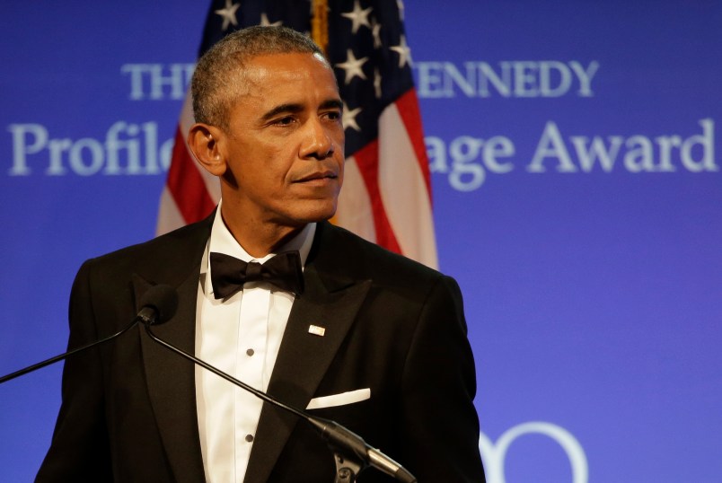 Former President Barack Obama addresses an audience after being presented with the 2017 Profile in Courage award during ceremonies at the John F. Kennedy Presidential Library and Museum Sunday, May 7, 2017, in Boston. (AP Photo/Steven Senne)
