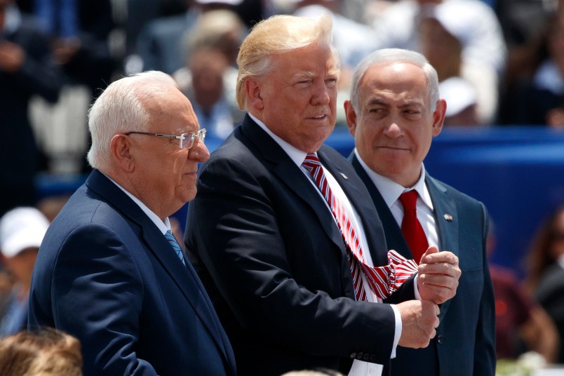 Israeli President Reuven Rivlin, President Donald Trump, and Israeli Prime Minister Benjamin Netanyahu listen during an arrival ceremony at Ben Gurion International Airport, Monday, May 22, 2017, in Tel Aviv. (AP Photo/Evan Vucci)