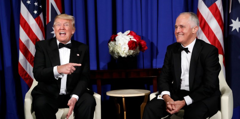 President Donald Trump meets with Australian Prime Minister Malcolm Turnbull aboard the USS Intrepid, a decommissioned aircraft carrier docked in the Hudson River in New York, Thursday, May 4, 2017. (AP Photo/Pablo Martinez Monsivais)